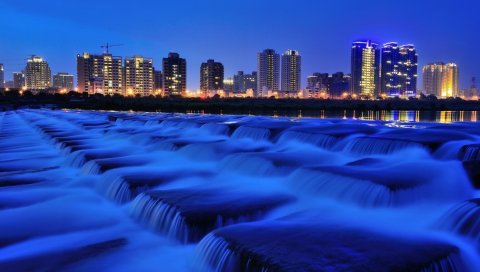 Фонтан, ночь, вода, поток, здание