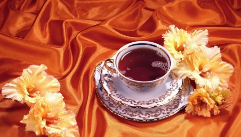 Фон, ткань, чашки, чай, цветы, шелк