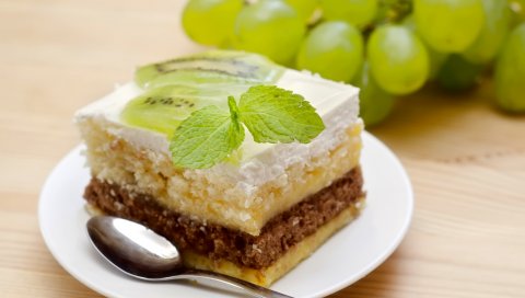 Торт, десерт, ломтик, сладкая выпечка, киви, мята, виноград