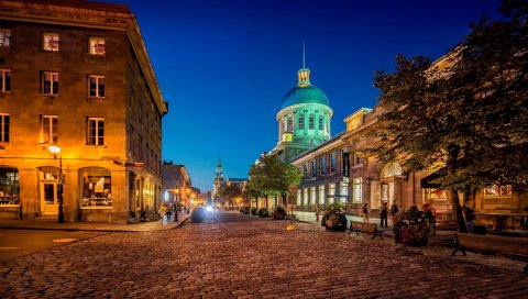 Montreal, quebec, canada, город, ночь, огни, скамейки, уличное мощение