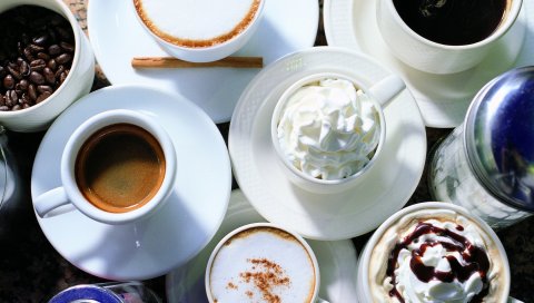 Чашки, тарелки, стол, напитки, кофе, капучино, кукуруза, сливки, сахар