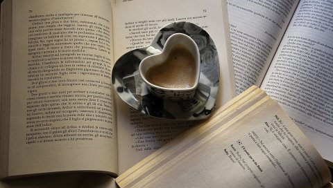 кофе, книги, страница, кружка, сердц