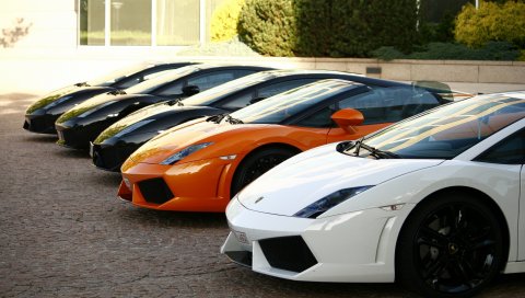 Гальярдо, деревья, черный, белый, LAMBORGHINI, здание, оранжевый