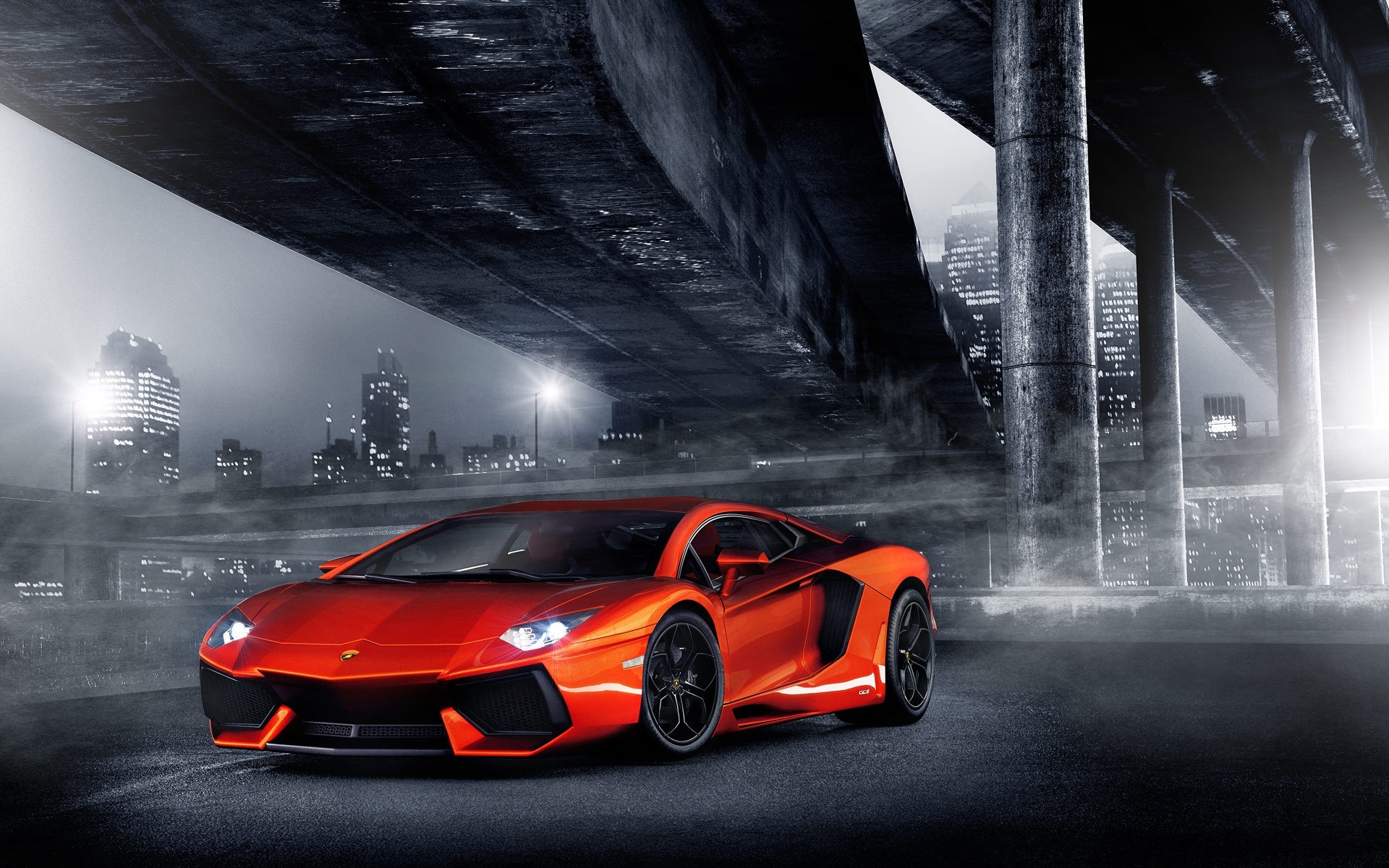 Картинки ночь, огни, Aventador, колонны, мост, Ламборджини, оранжевый, фото и обои на рабочий стол