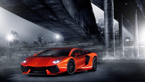 ночь, огни, Aventador, колонны, мост, Ламборджини, оранжевый,