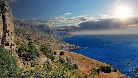 гора, трава, небо, море, красиво