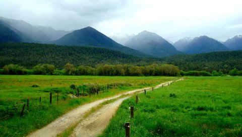 горы, трава, лето, забор