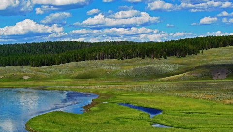 лес, река, холмы, облака, природа