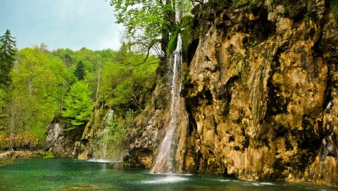 водопад, река, потоки, трава, камни, деревья ,