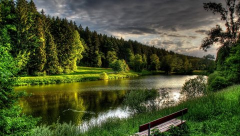 река, берег, трава, скамейка, лето, красивые, спокойные