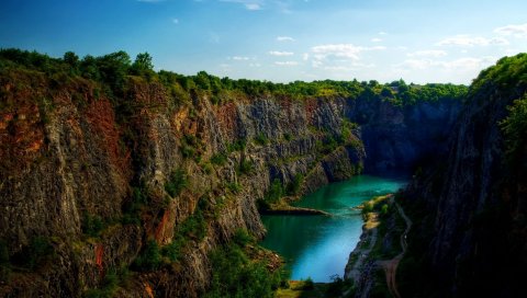 горы, трава, река, море, прекрасный, вечер