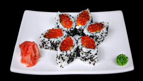 роллы, рис, яйца, имбирь, васаби, горчица