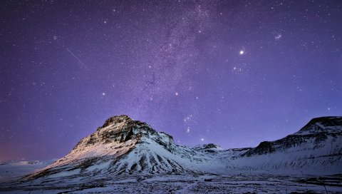 исландия, горы, снег, ночь, сиреневый, небо, звезды, млечный путь