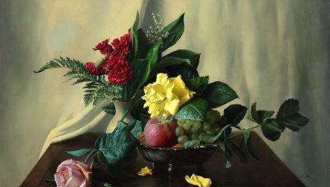 живопись, натюрморт, стол, цветы, фрукты, ягоды, розы, гвоздики, яблоки, лилии , папоротники