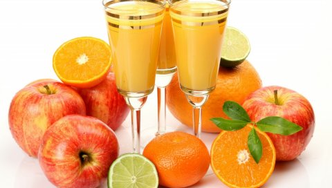стекла, сок, апельсины, яблоки, зелень, фрукты, листья