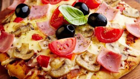 выпечка, пицца, оливки, мясо, сыр