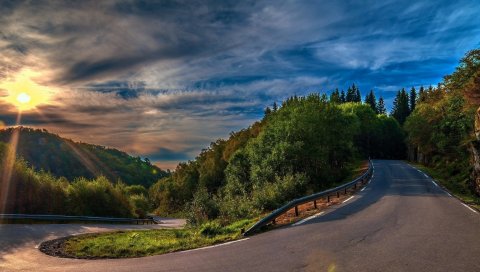 закат, серпантин, дорога