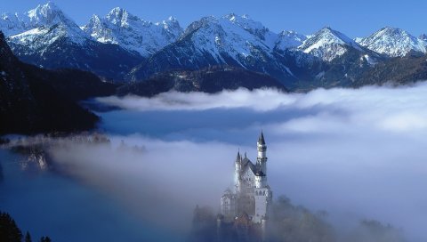 туман, замок, небо , гора