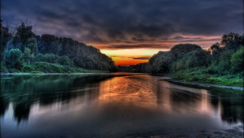 река, деревья, небо, закат