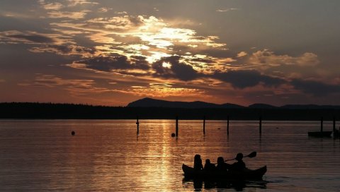 лодка, река, море, закат