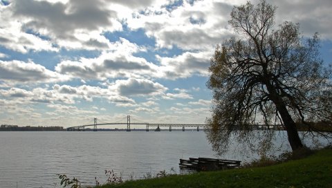 река, мост, небо, трава