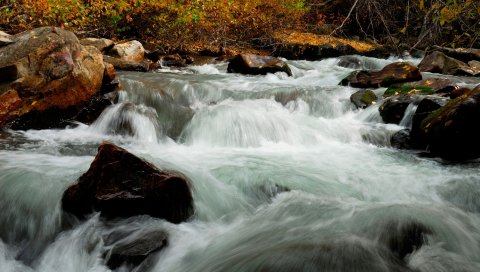 водопад, скалы, трава