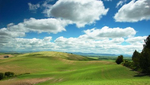 Поле, холмы, облака, пейзаж