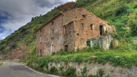 Дорога, разрушенное здание, пейзаж, hdr