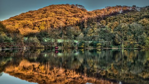 Ercall hill, shropshire, англия, озеро, холмы, мост, лес, осень, отражение