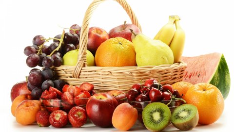 Фрукты, виноград, корзина, клубника, вишня, ягоды