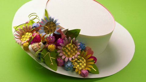 Шляпа, бумага, цветы, зеленый фон, ремесла