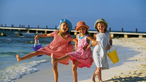 Три, девушки, море, пляж, песок, дети, подруги