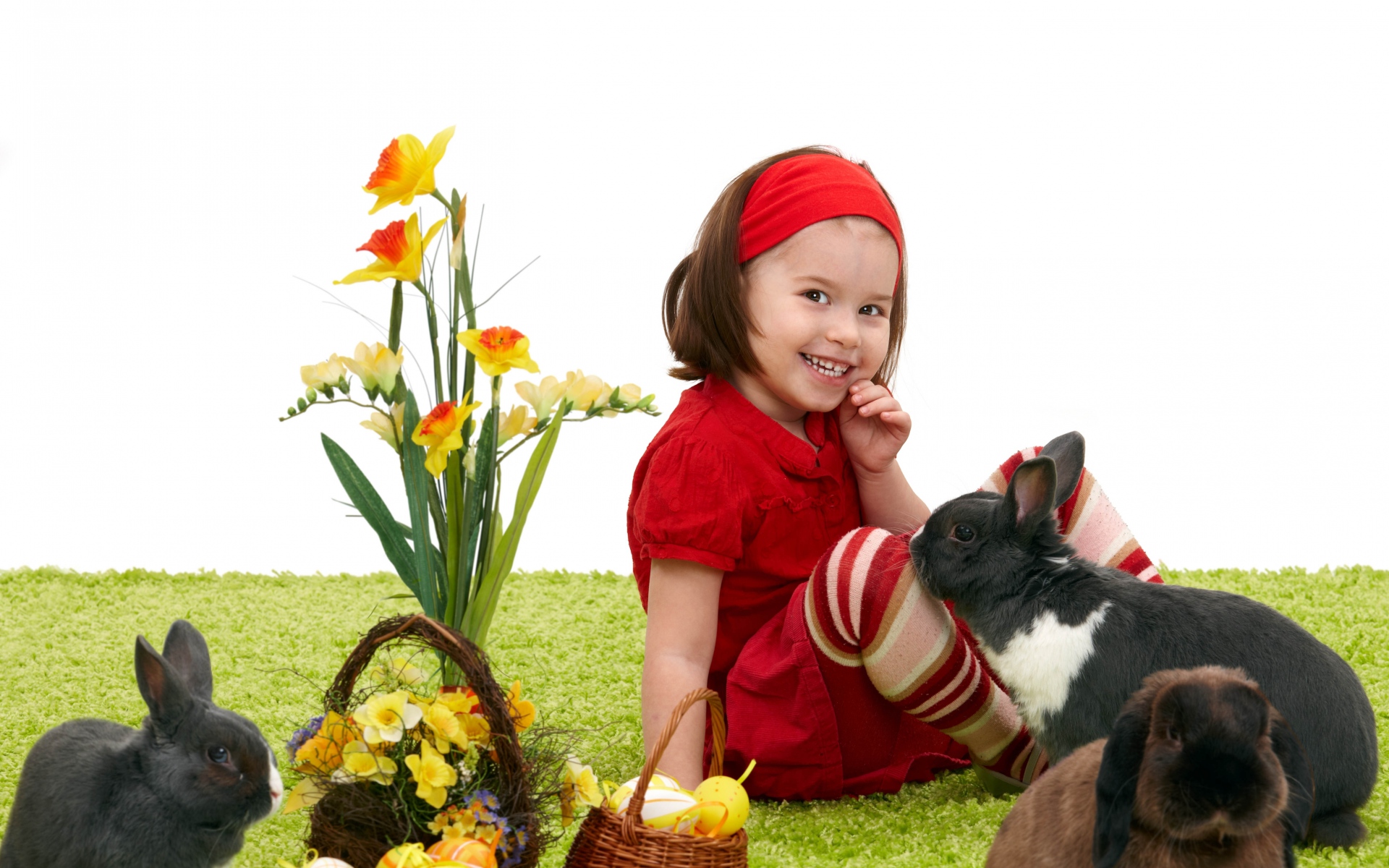Картинки девочка, Пасха, кролики, корзины, нарциссы фото и обои на рабочий стол