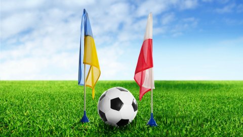 футбол, Украина, польша, мяч, трава, флаги