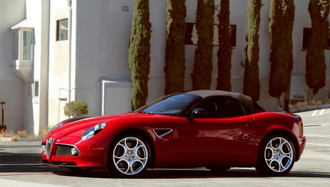 Alfa Romeo, красный, кабриолет, строительство, деревья