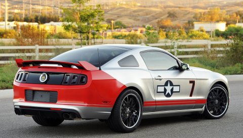брода, мустанг, г.т., красные хвосты, Ford Mustang GT купе, вид сзади , тюнинг, серый, мышцы автомобиль, фон