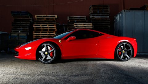 феррари, 458 Italia, красная, Италия, профиль, тонированный, черные диски