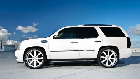 Кадиллак Escalade, белые, колесо, профиль, крыша, парковка