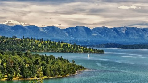 Montana, озеро, пейзаж, лодки, горы, деревья