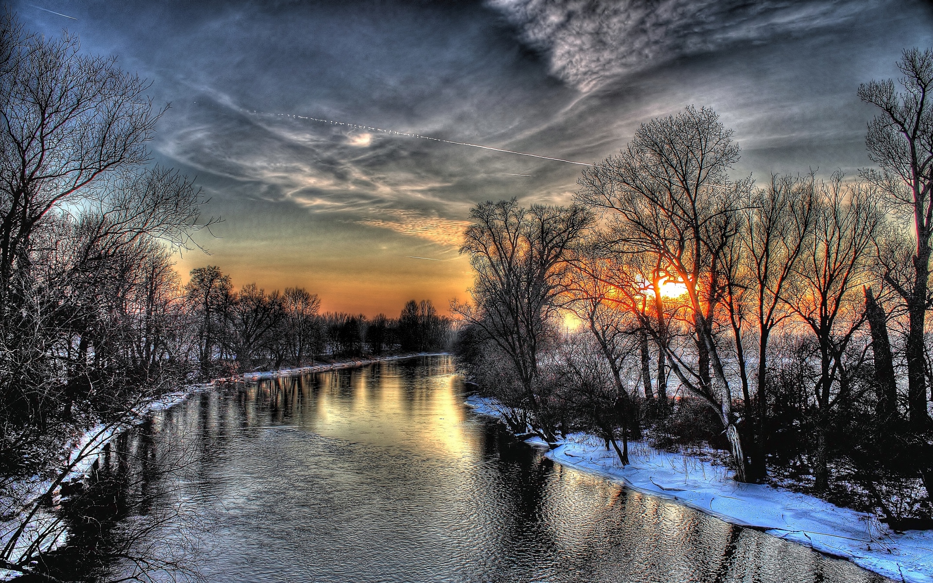 Картинки Закат, зима, река, небо, hdr фото и обои на рабочий стол