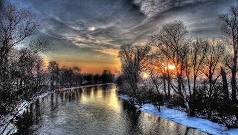 Закат, зима, река, небо, hdr