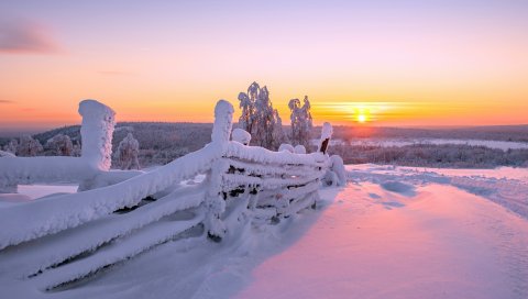Закат, зима, забор, пейзаж
