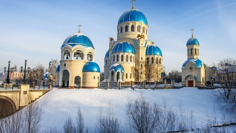 Храм, снег, свет, деревья, зима