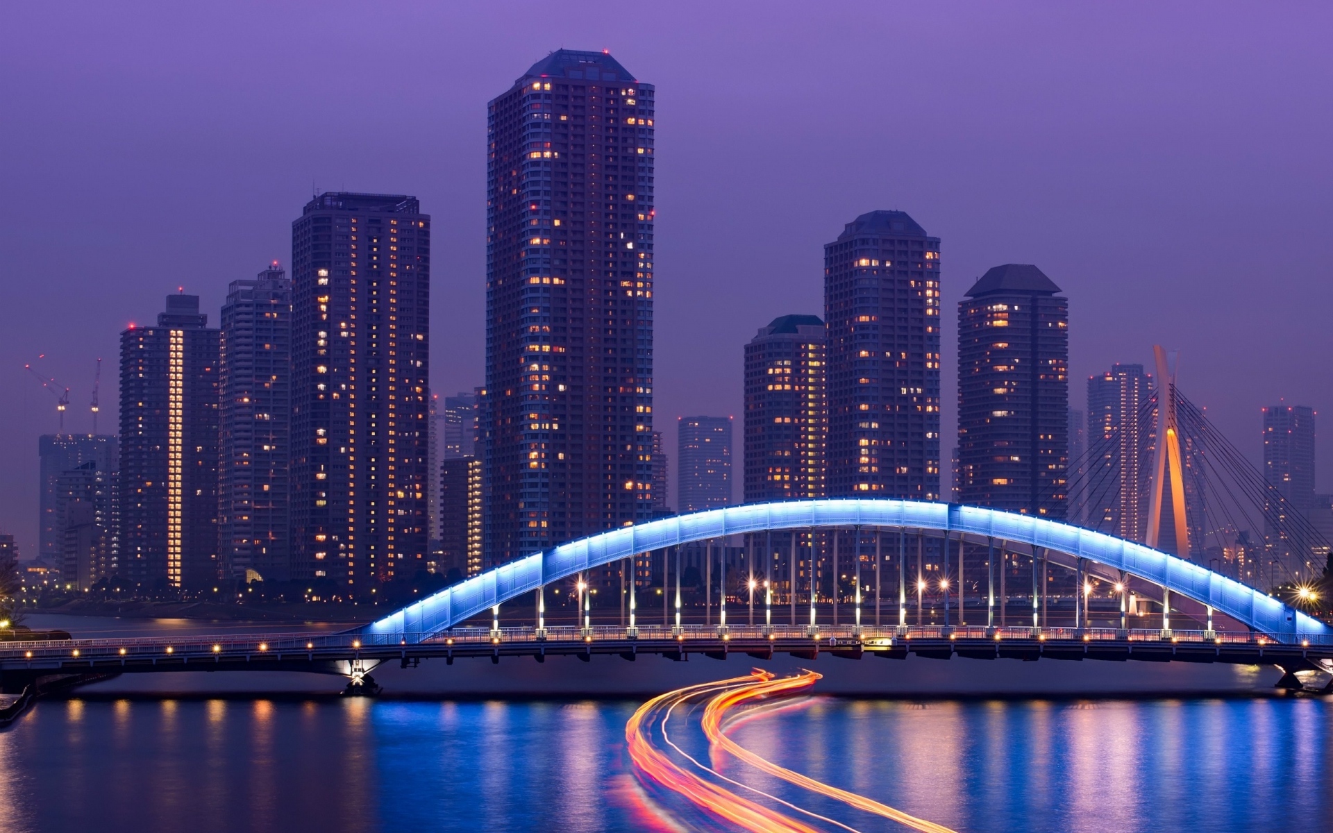 Картинки Токио, небоскребы, мост, море, свет, ночь фото и обои на рабочий стол