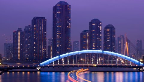 Токио, небоскребы, мост, море, свет, ночь