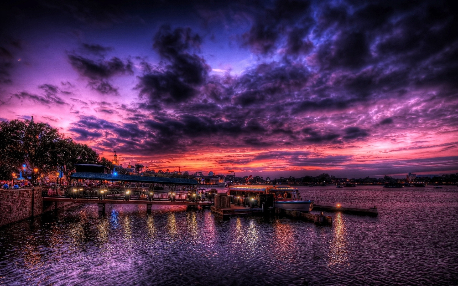Картинки Порт, ночь, море, небо, город, огни, hdr фото и обои на рабочий стол