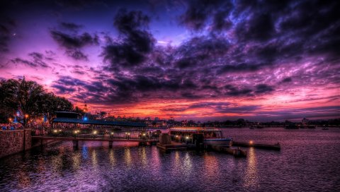 Порт, ночь, море, небо, город, огни, hdr