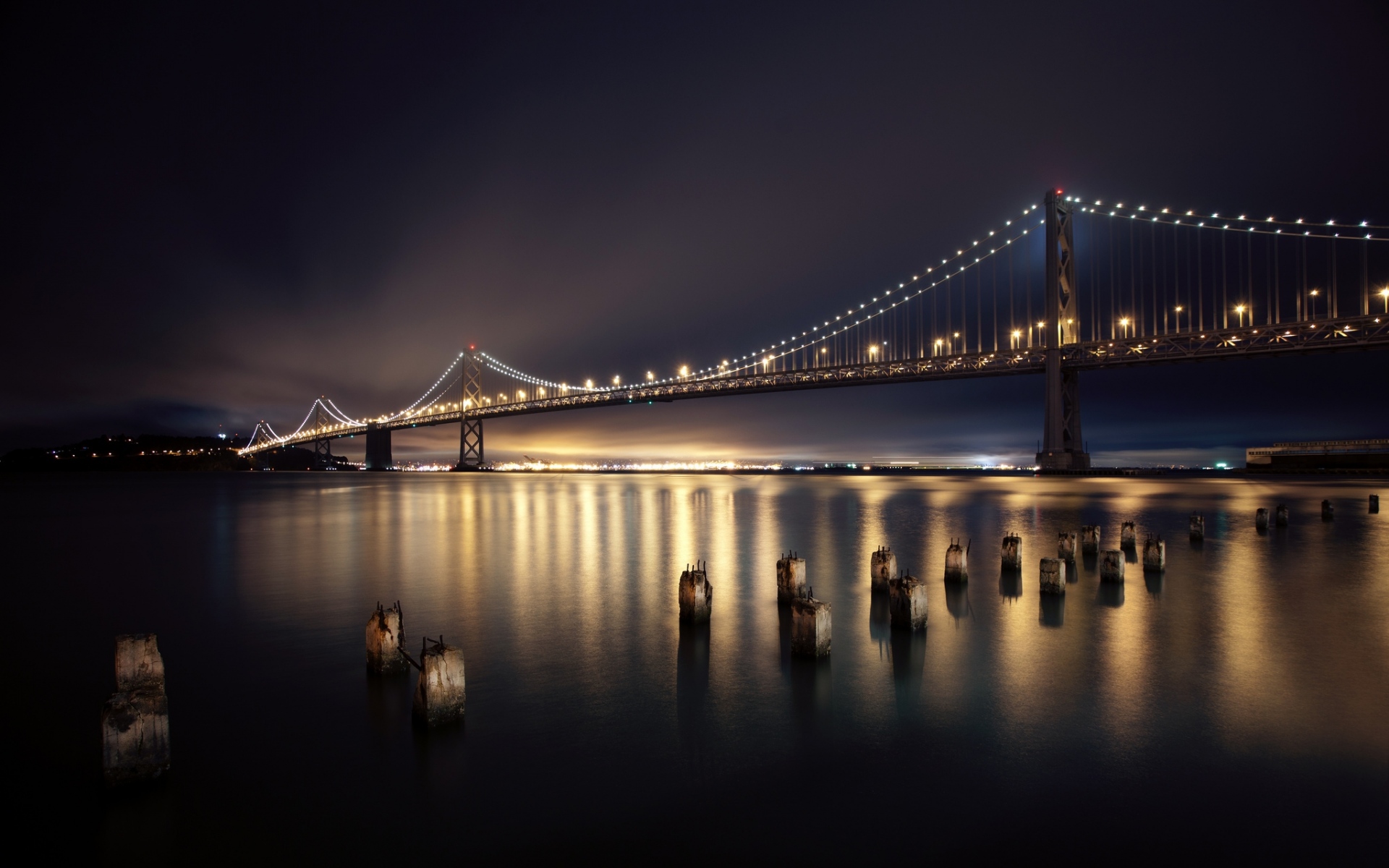 Картинки Сан-Франциско, ночь, мост, город, огни, река фото и обои на рабочий стол