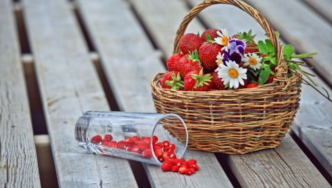 Ягоды, клубника, клубника, корзина, цветы, ромашки, анютины глазки, стекло