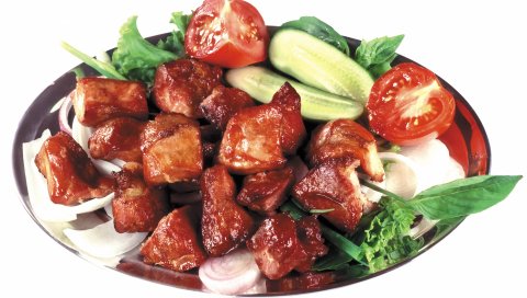 Кебаб, мясо, овощи, огурцы, помидоры, лук,